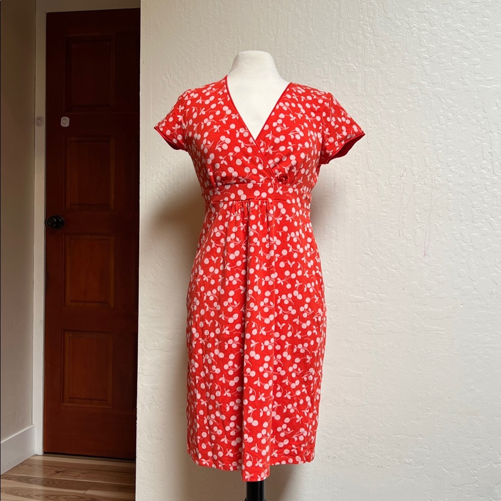Boden red and white cherry print V-neck dress